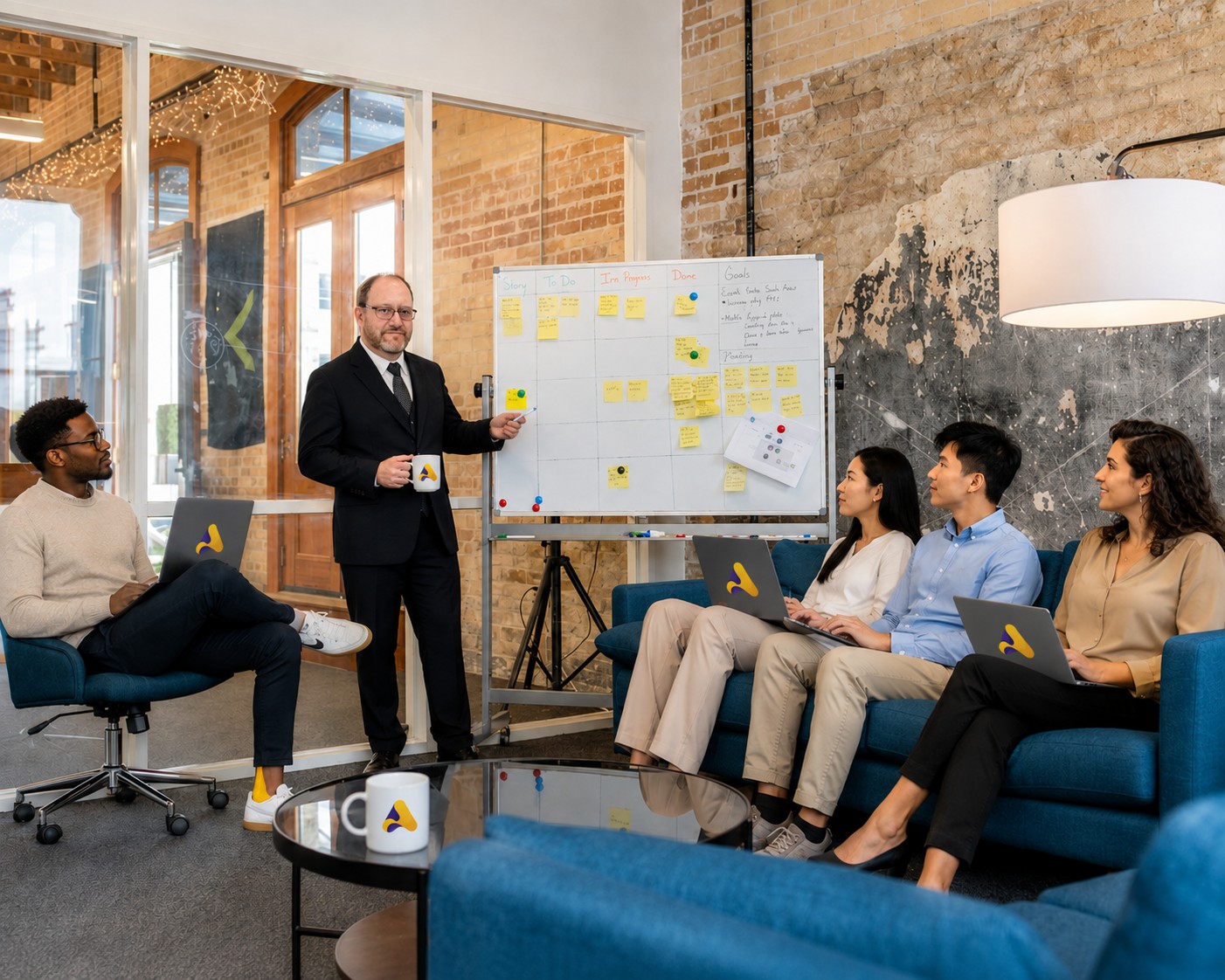 Reunião de planejamento com quadro Kanban e identidade Atuariale